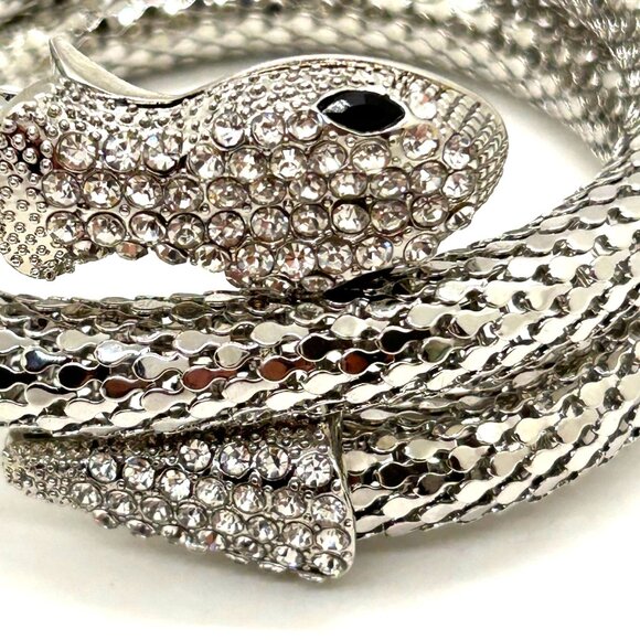 Silver Snake Memory Wire Bracelet Clear Rhinestones & Black Eyes Adjustable - Picture 5 of 11